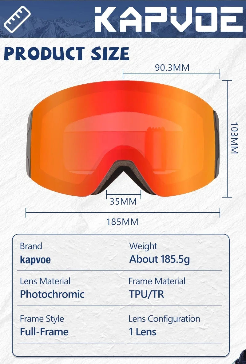 Kapvoe Photochromic Ski Goggles Magnetic Anti-Fog Lenses UV400 Protection Men Women Ski Goggles Snow Sunglasses Sports Eyewear