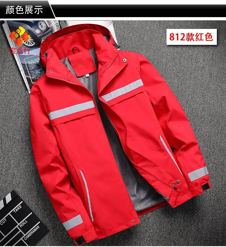 Waterproof Abrasion Resistant Windbreaker, Light Reflective Hooded Jacket for Outdoor Work