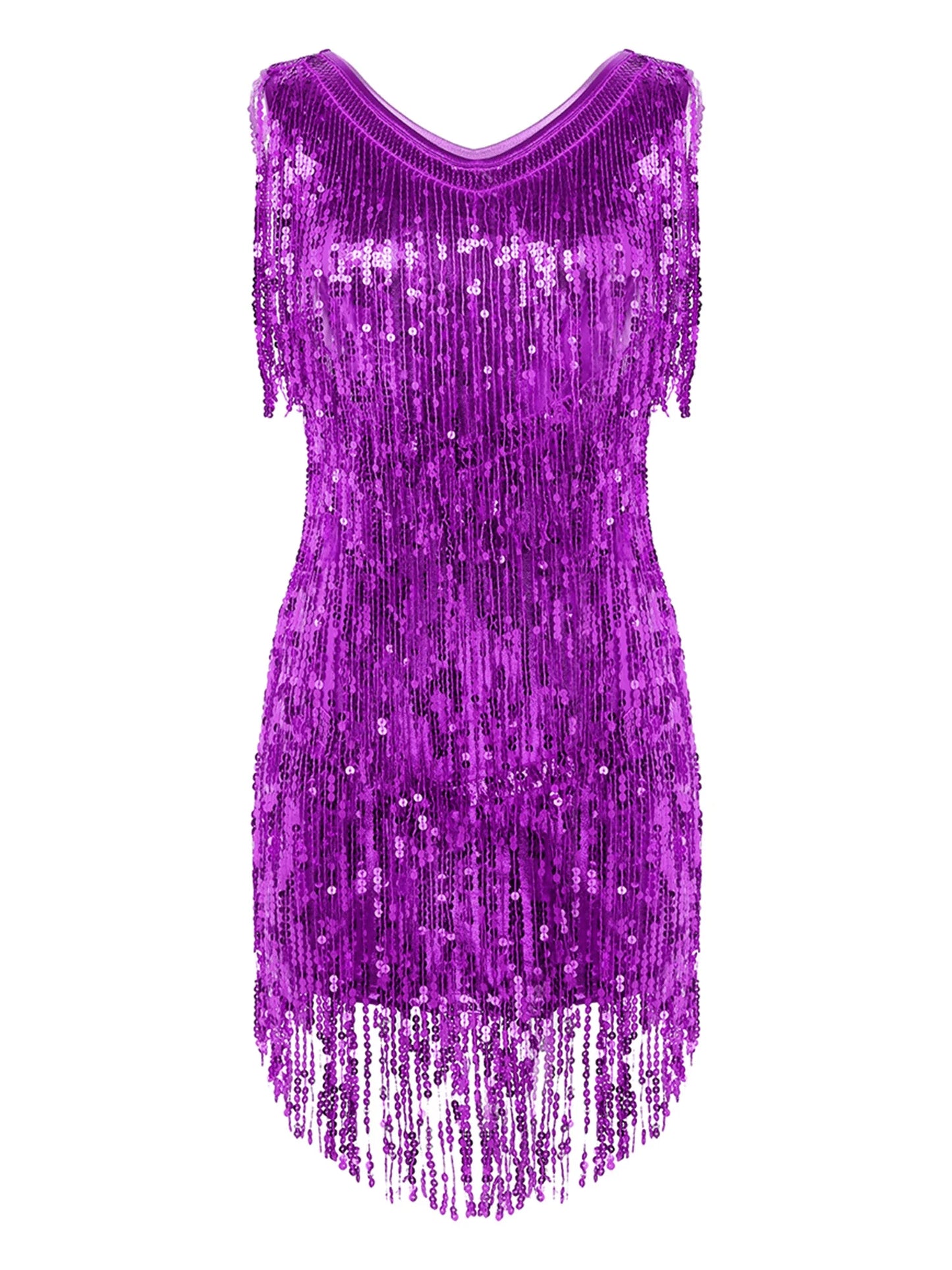 Women Latin Dress Shiny Sequin Sleeveless Tassels Fringed Dress Tango Samba Rumba Ballroom Salsa Jazz Dance Performance Costume