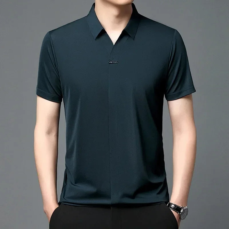 High End Mulberry Silk T-shirts Man Long Sleeve Tops Business Casual Elastic Non-iron Seamless Quality Luxurious Men Polo Shirts