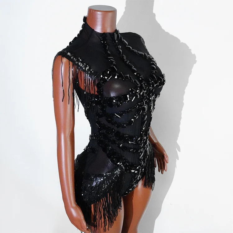 Sexy Mesh Sheer Black Rhinestone rhinestone Bodysuit Singer Dancer Show Stage Outfit Celebrate Party Night Club Performance Waer