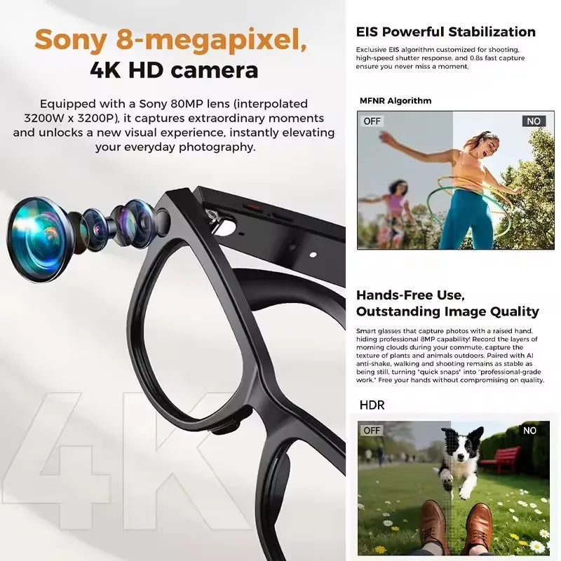 2026New 800W 4K Camera Smart Glasses Men 3600mAh Power Real-timeTranslation Bank 32GB Photo Record Videos Music Sunglasses Women
