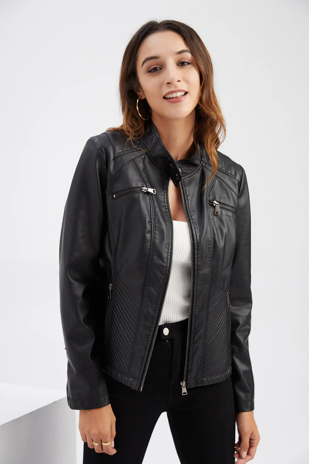 2026 New Lavender Purple Women's Long Sleeve PU Jacket, Fashion Motorcycle Leather Jackets, Red Coat, Black Outerwear.