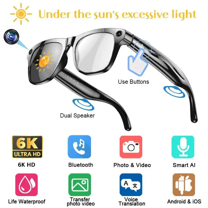 6K HD AI Smart Glasses Photochromic Multifunction Bluetooth Calling Voice Assistant Music Player Translate Camera Glasses 2025