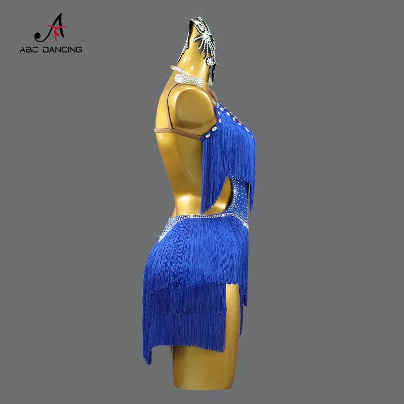 2026 New Latin Performance Dance Dress Women Sexy Outdoor Ballroom Party Fringe Skirt Sport Practice Wear Blue Prom Evening Suit