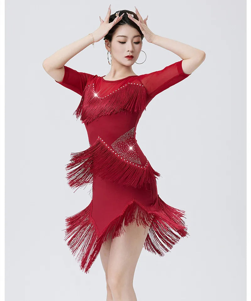 Women's Flapper Dress Fringe Salsa Latin Dance Dress Party Ballroom Dancer Outfits With Shorts Long Sleeve  Tango Samba Rumba