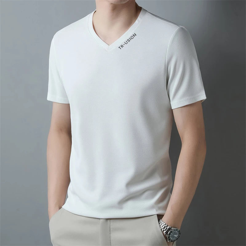 New Men's Casual and Fashionable V-neck Solid Color Short Sleeved T-shirt Breathable and Comfortable Summer Versatile Top