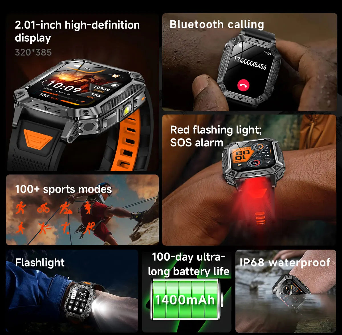 2026 Outdoors Durable Men Sports Smart Watch 1400mAh Battery LED Flashlight IP69K Waterproof Bluetooth Call Military Smartwatchs