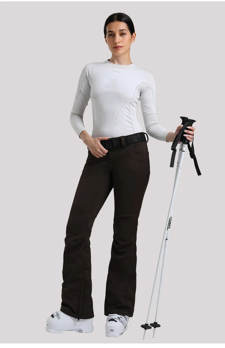 New Women's Ski Pants Stretch Slim-fit Dual-layer Insulated Professional Windproof Waterproof Breathable Solid Color Ski Pants