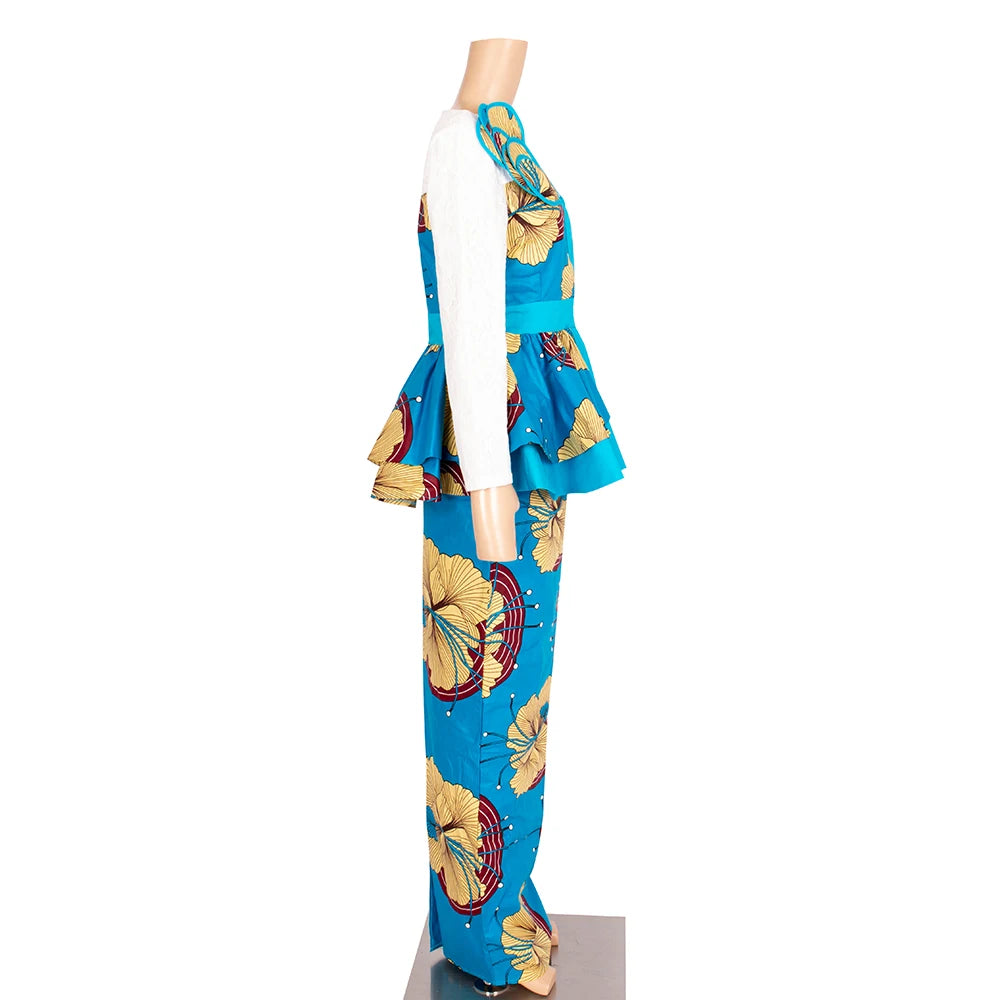 African Skirt Sets Women Suit Long Straight Skirts and Tops with Lace Decoration Bazin Riche Traditional African Clothing WY6195