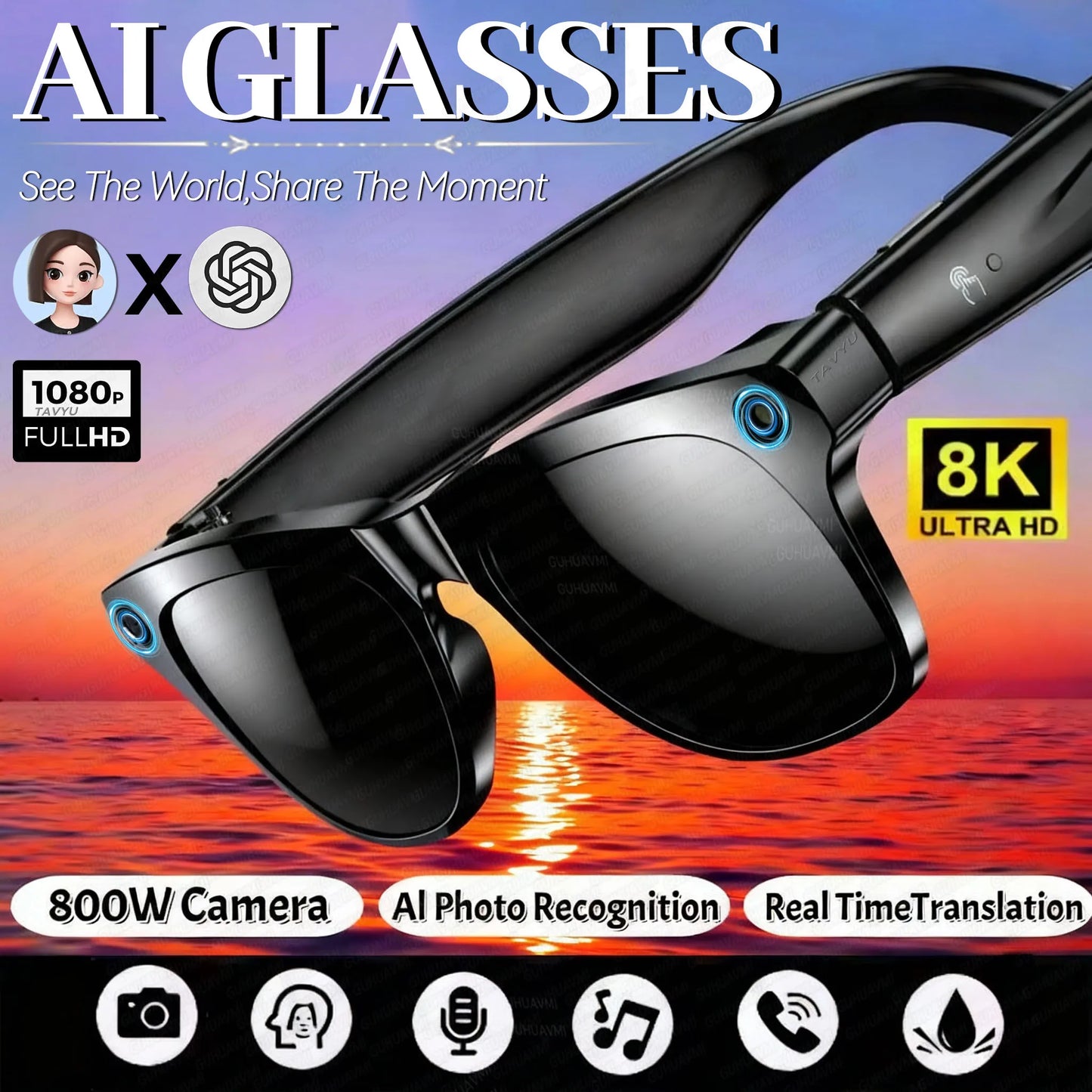 Tavyu Smart Glasses HD 8K Photochromic Lens Bluetooth Call WIFI Transmission Music Translate Video Recording Camera Glasses Men