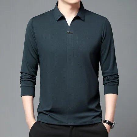 High End Mulberry Silk T-shirts Man Long Sleeve Tops Business Casual Elastic Non-iron Seamless Quality Luxurious Men Polo Shirts