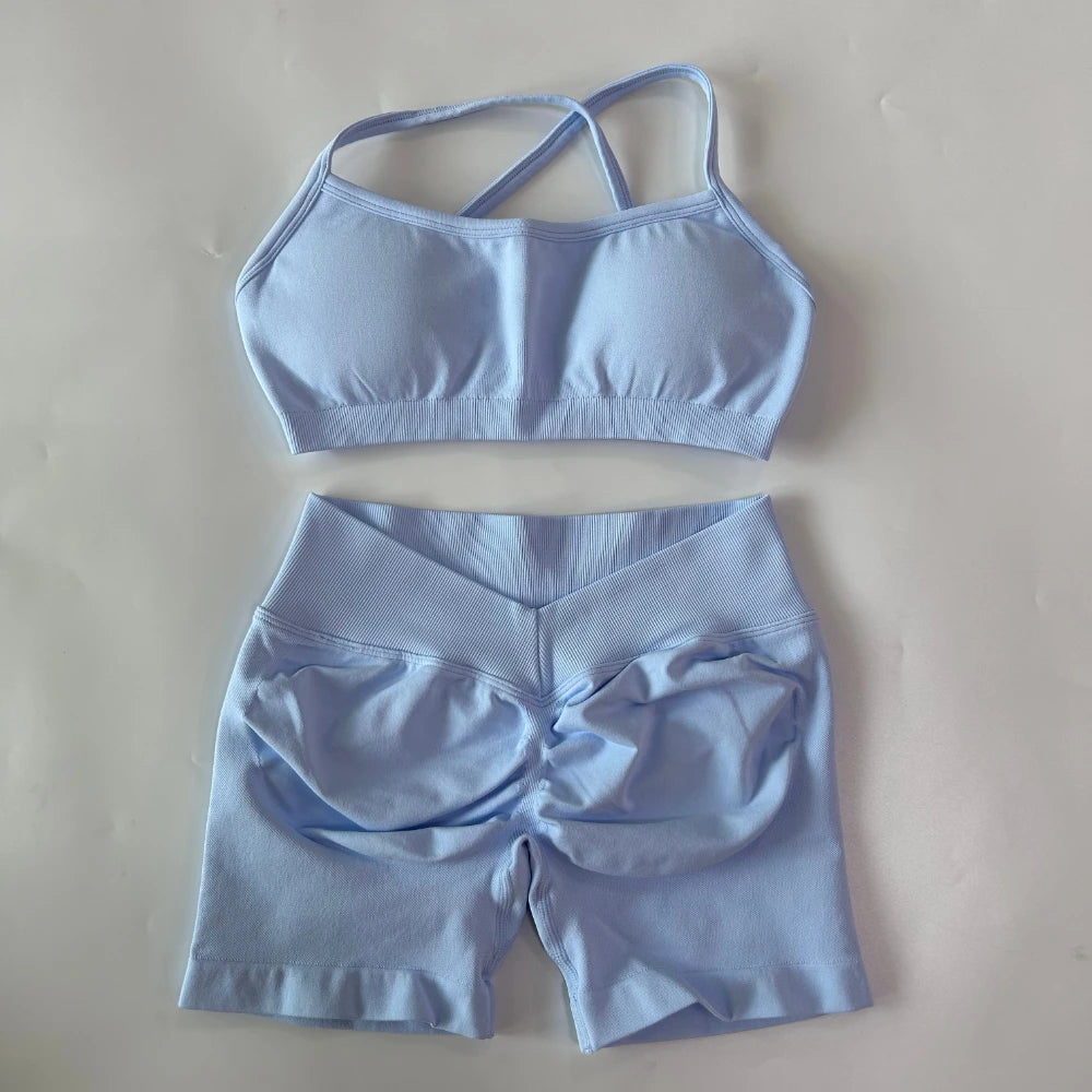 2 Pieces Set For Woman Clothes Seamless Scrunch Yoga Shorts Set Backless ktp Sports Bra Fitness Workout Top Gym Set Outfits
