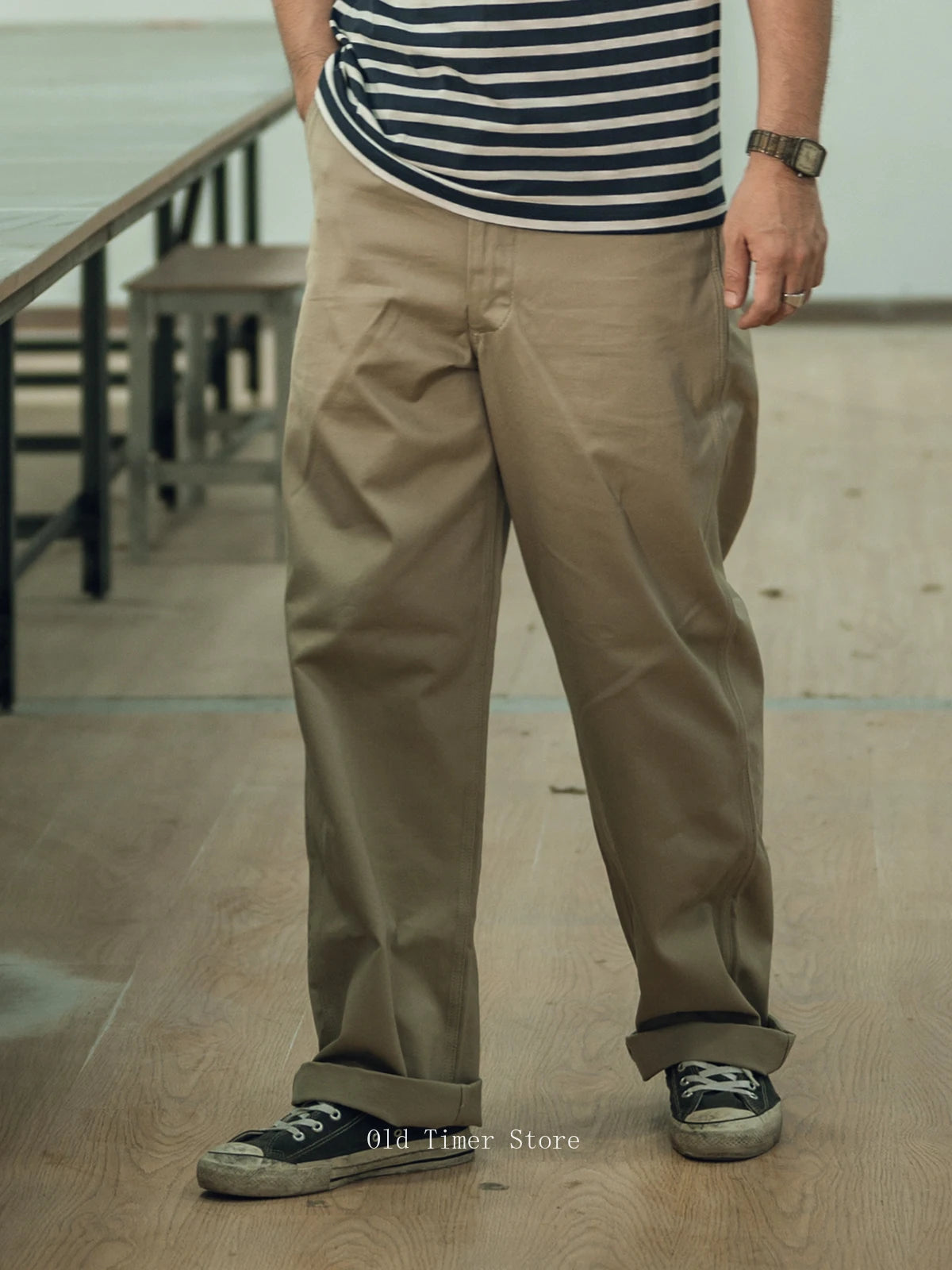 Qingtian Twill Chino Pants Vintage Workwear Men's Amekaji Khaki Trousers Loose Straight Leg