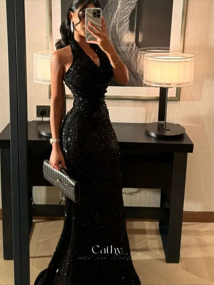 Cathy Customized Black Sequin Halter Neck Prom Dress Elegant Mermaid vestidos de noiva Sleeveless Floor-length Evening Dresses