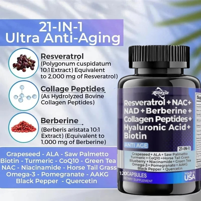 Resveratrol Nad Aspartate Hyaluronic Acid Grape And Blueberry Collagen Peptides Hair, Nail, Skin, And Joint Supplements Capsules