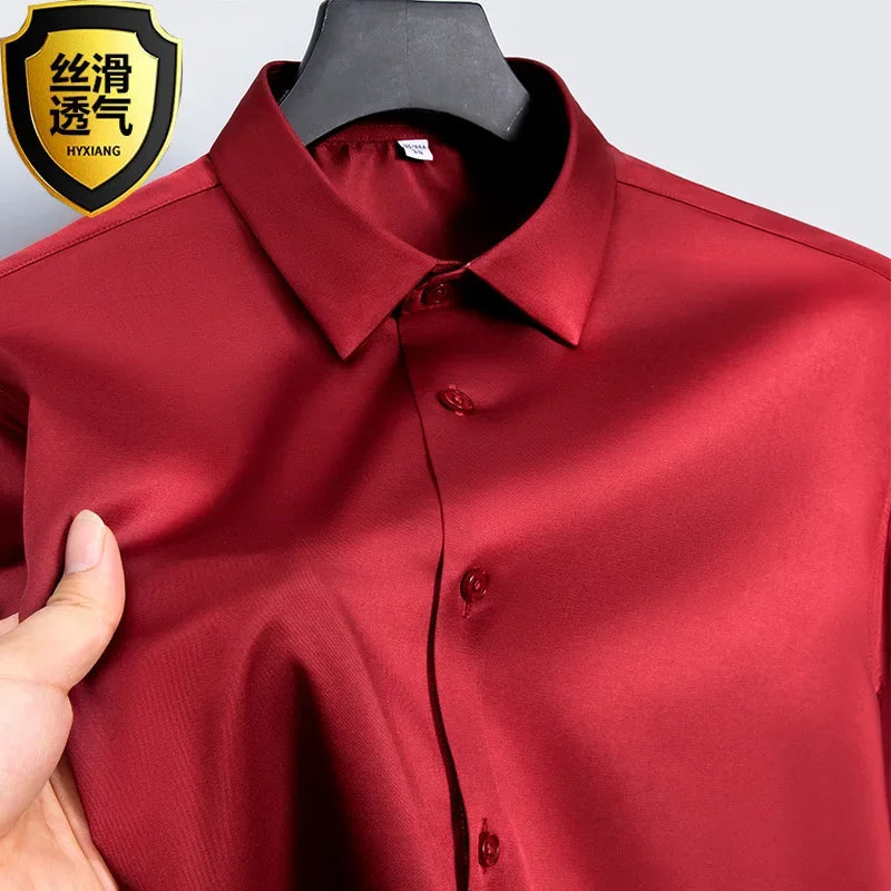 Summer shirt, men's white glossy non ironing shirt, men's wrinkle resistant ice silk casual high-end seamless business shirt