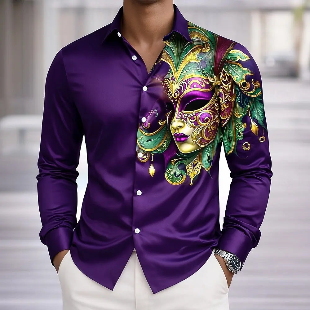 Mardi Gras Men's Carnival Beads Mask with Feathers Shirt Button Up Shirt Long Sleeve Vintage Retro Holiday Summer Spring shirts