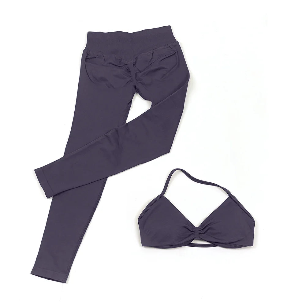 Seamless 2 Pieces Strappy Yoga Halter Bras Sets Scrunch Butt Sports Shorts Quick Dry Backless Gym Crop Tops with Pad Push Up Set