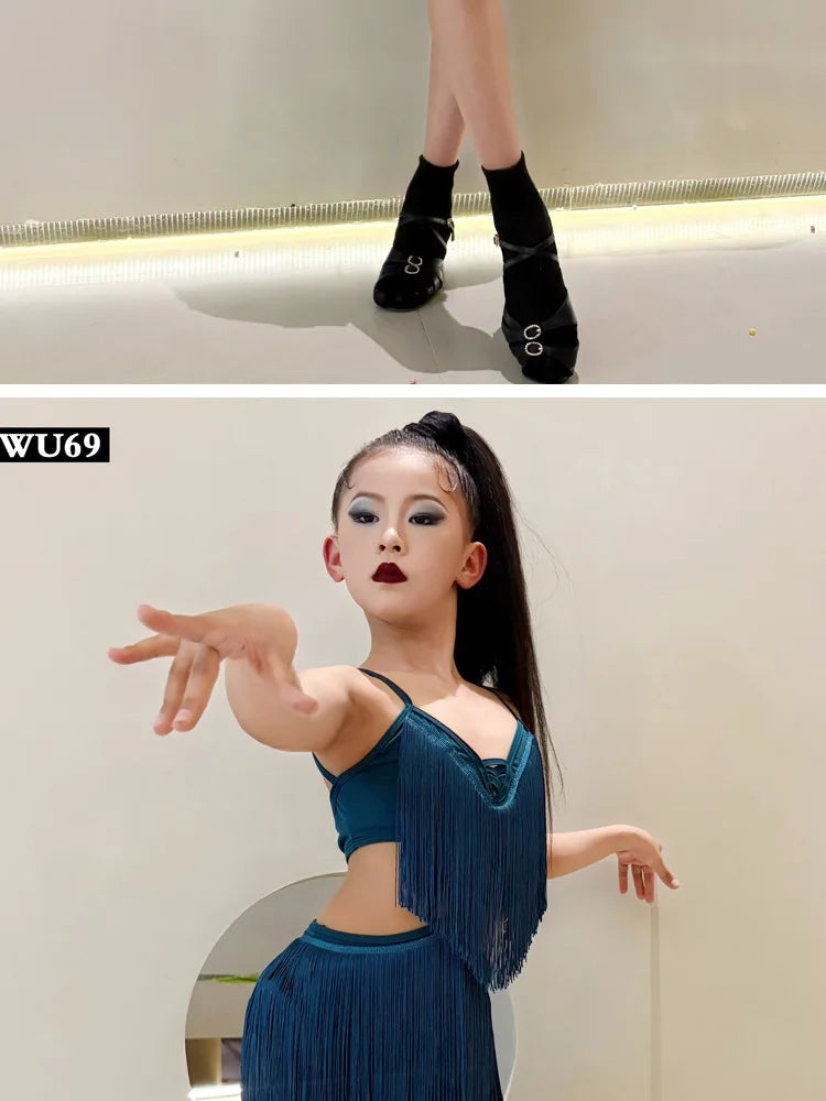 Latin american Dance velvet feather Long Dress Girls Kids Samba Salsa Cha Cha Rumba Tango Children Competition Ballroom Dresses