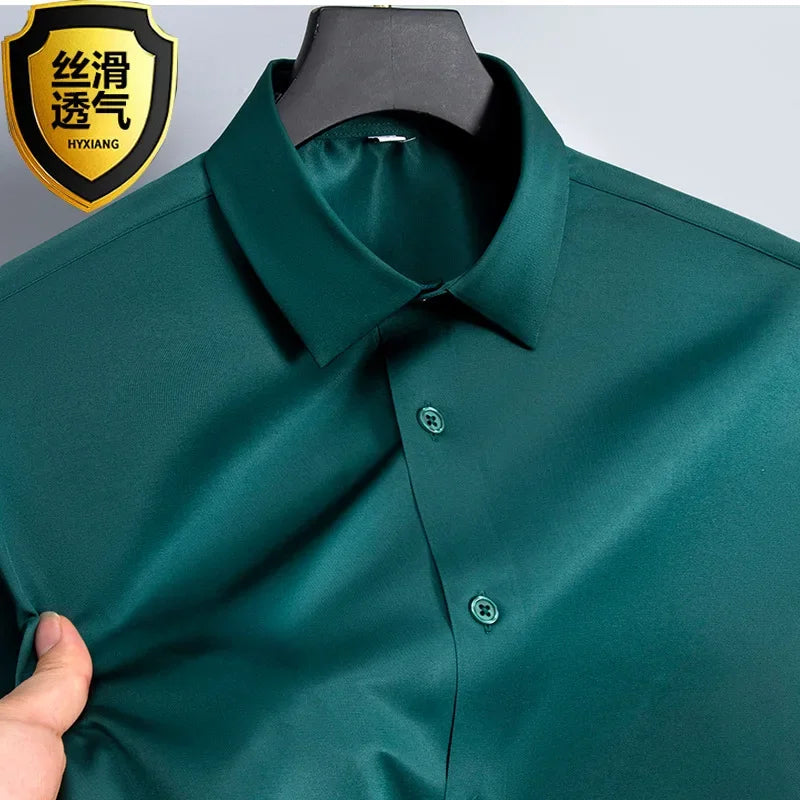 Summer shirt, men's white glossy non ironing shirt, men's wrinkle resistant ice silk casual high-end seamless business shirt