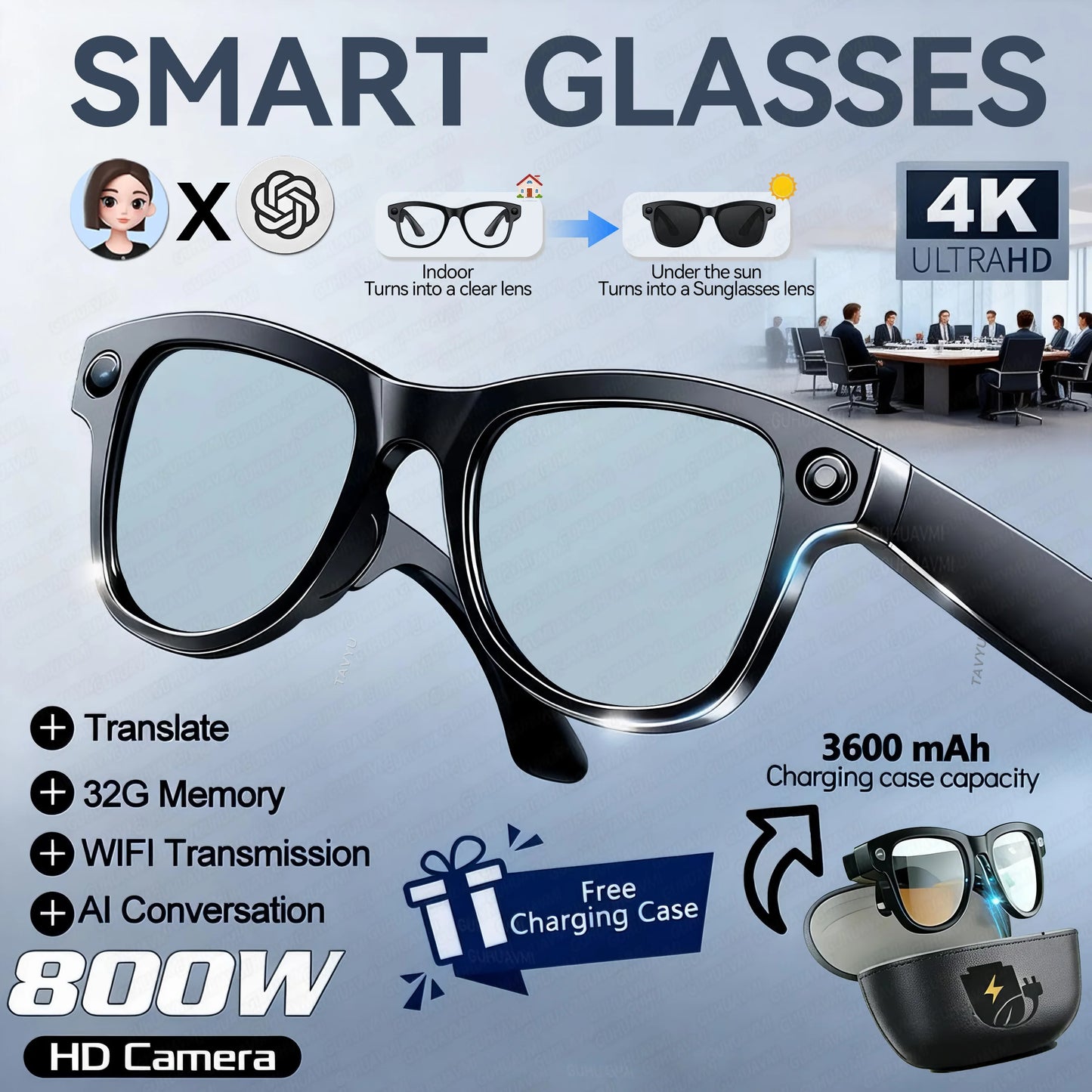 2026New 800W 4K Camera Smart Glasses Men 3600mAh Power Real-timeTranslation Bank 32GB Photo Record Videos Music Sunglasses Women
