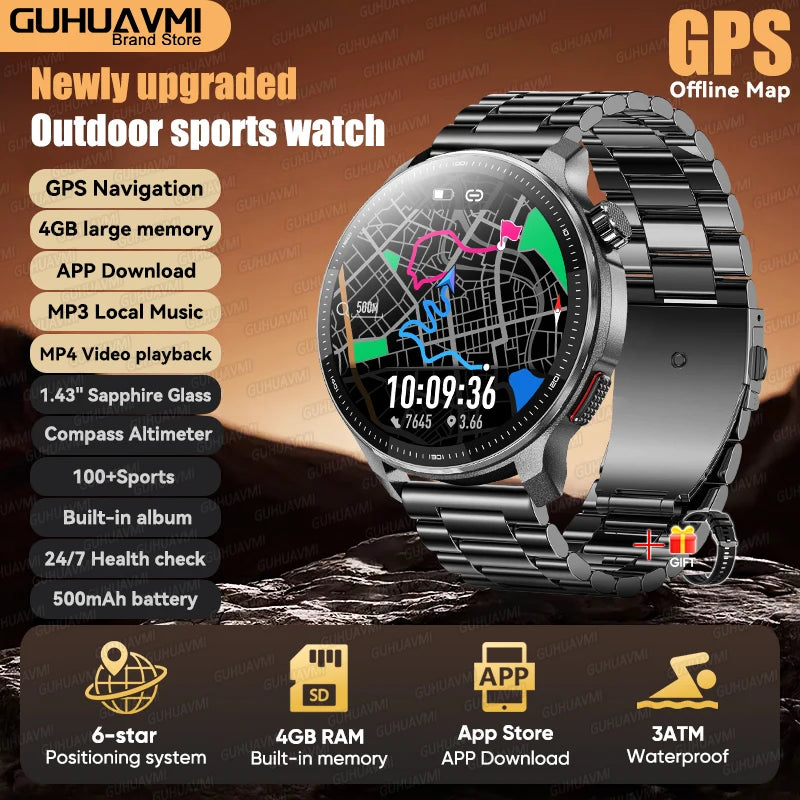 Newly T-Rex3 Ultra 4GB Memory GPS Sports Smart Watch Offline Map 1.43" AMOLED Display 3ATM Flash Charge Fitness Call Smartwatchs