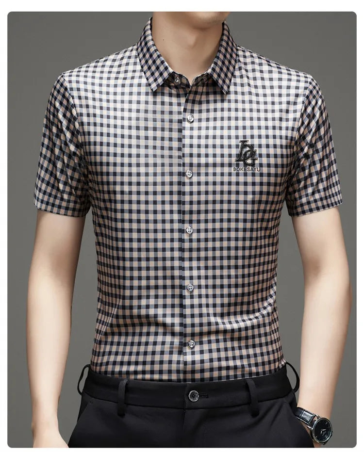 High End Man's Plaid Shirts Non-iron Business Fashion Leisure Tops Luxurious Male Short Sleeve Summer Quality Thin Shirt for Men