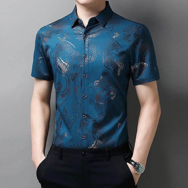 New Men's Casual Printed Short Sleeved Lapel Shirt for Summer Fashion Comfort No Ironing Wrinkle Resistant Top