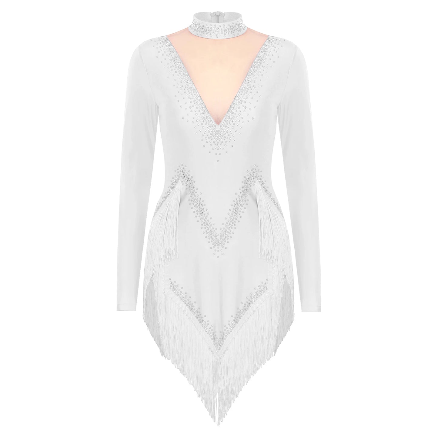 Womens Tassel Latin Tango Samba Dance Dresses Stage Performance Costume Long Sleeve Irregular Hem Shiny Rhinestones Dance Dress