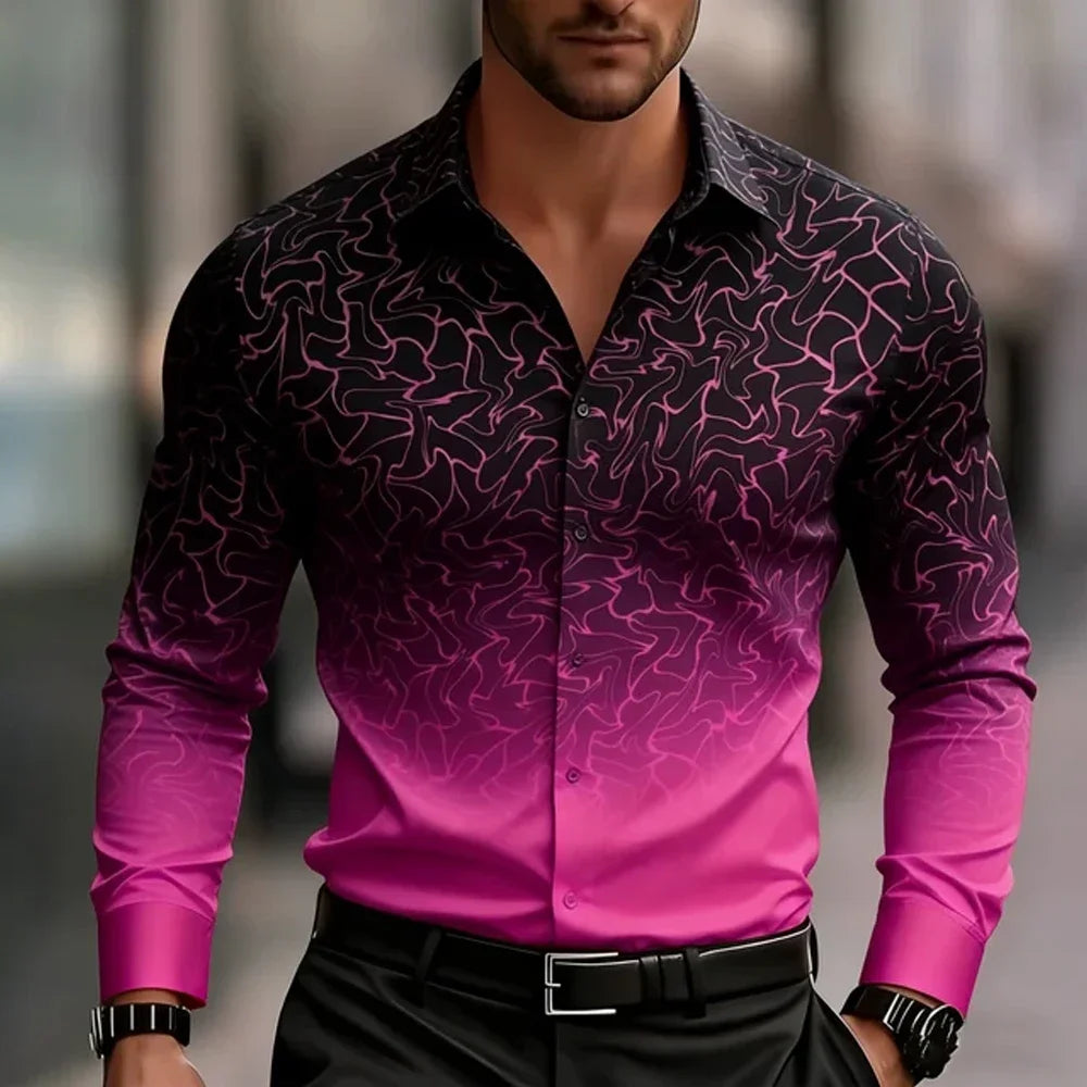 New Spring Autumn Men Clothes Long Sleeve Gradient Color 3D Digital Print Shirt Men Casual Fashion Tops