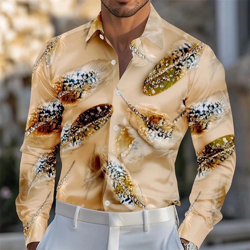 Men's Carnival Themed Feather Mask Print Long-Sleeve Shirt, Fashionable Street Style Party Casual Loose Fit Men's Top XS-6XL