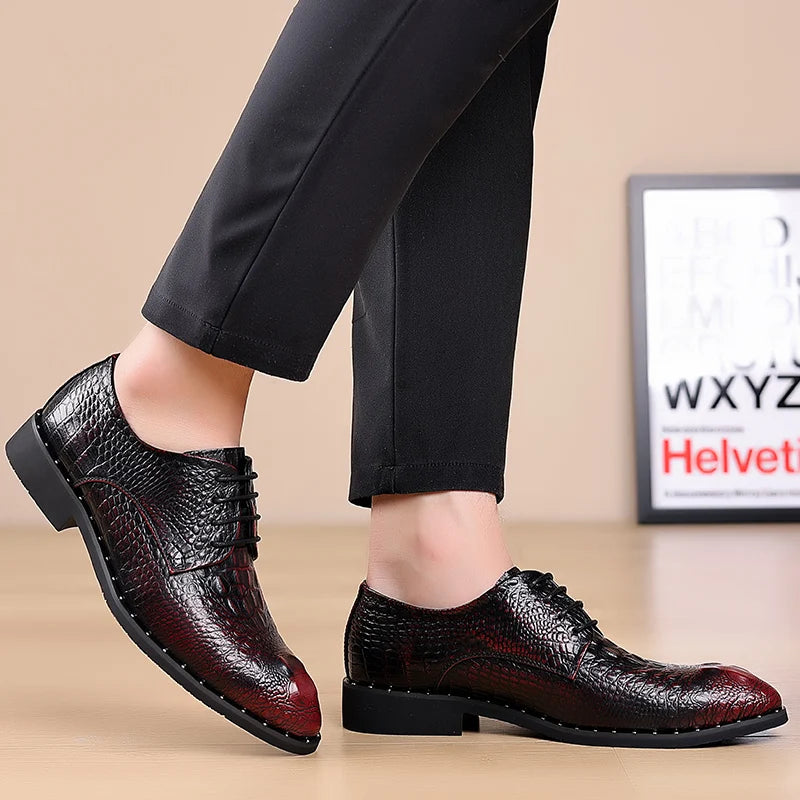 Men's Lace-Up Retro British-Style Casual Shoe Crocodile-Patterned Pointed Toe Formal Shoe Comfortable And Breathable Party Shoes