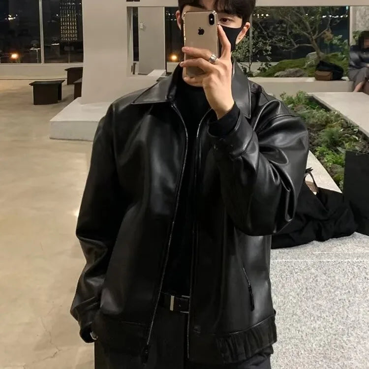 American Retro Bla Leather Jaet Men's Slimming Trendy Casual Turn-down Collar Jaet Top Loose Fit Versatile Youthful