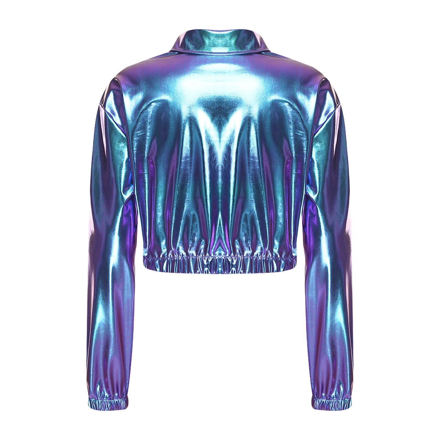 Womens Metallic Shiny Cropped Jacket Lapel Long Sleeve Front Zipper Chest Flap Pockets Crop Outerwear Biker Motor Jacket Tops
