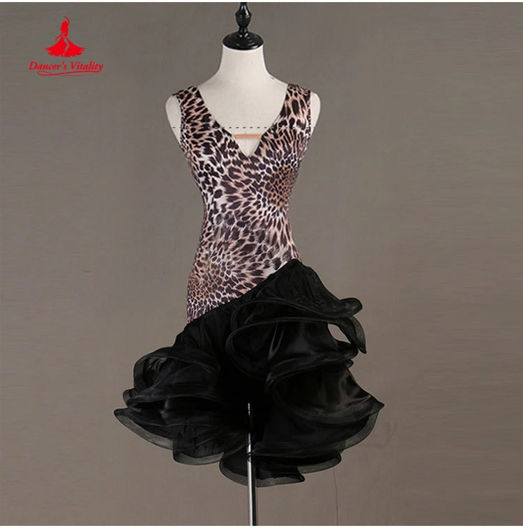 Latin Dance Dress V-Neck Wave Point Skirt Profession Custom Female Adult Child Elegant Performance Clothes Competition Clothing