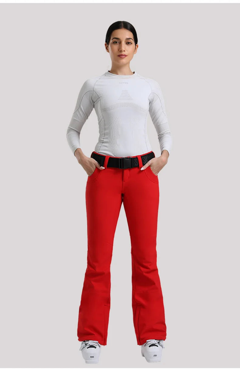 New Women's Ski Pants Stretch Slim-fit Dual-layer Insulated Professional Windproof Waterproof Breathable Solid Color Ski Pants