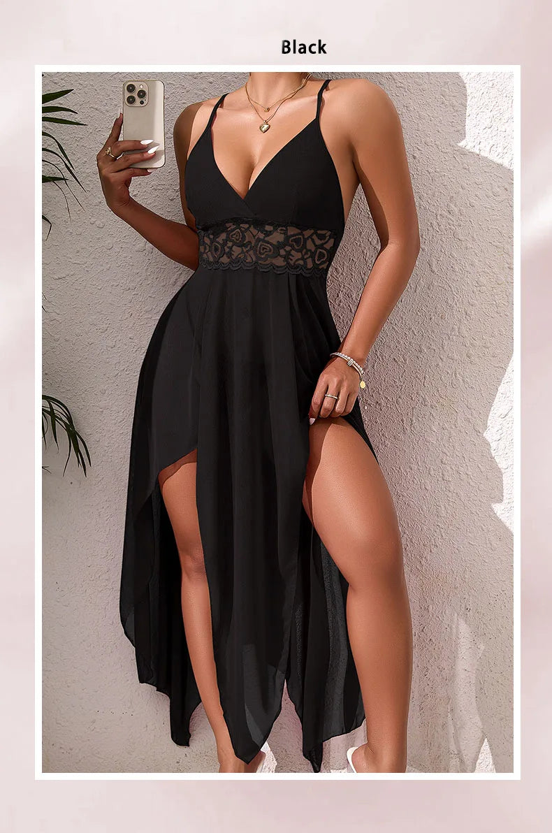 Irregular Suspender Women Vacation Style Skirt Sexy Female Lingerie Transparent Mesh V-neck Backless Long Dress Woman Pajamas