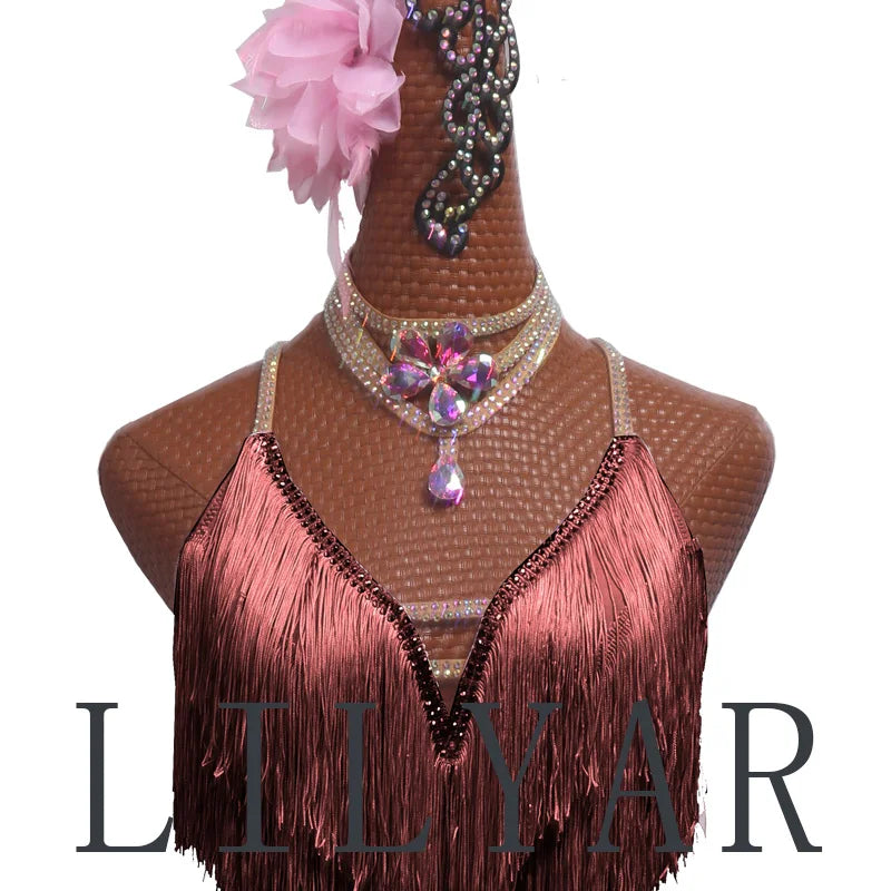 New professional Latin Dance Performance Competition Dress Adult Women Sparkling Pink Tassel Backless Dance Dress