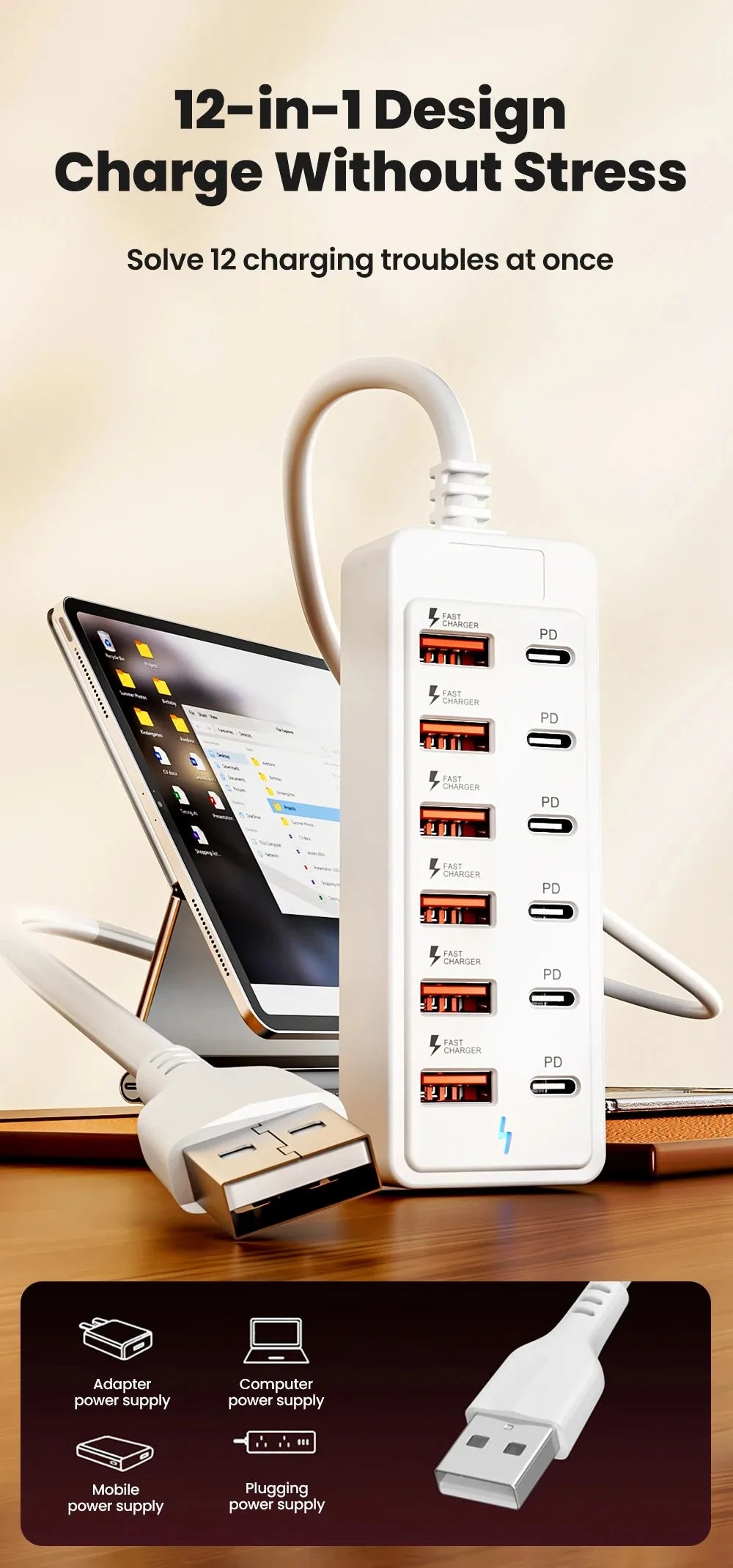 12 in 1 Fast USB Charger Power Strip Desktop Charging Station Fast Charging 1m Cord USB HUB Adapter Socket for Home Office