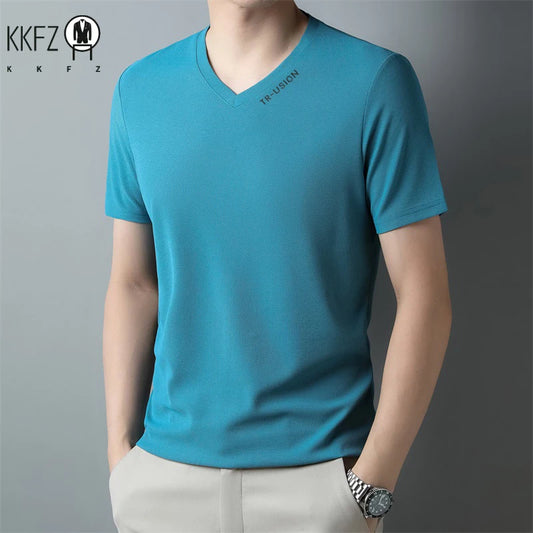 New Men's Casual and Fashionable V-neck Solid Color Short Sleeved T-shirt Breathable and Comfortable Summer Versatile Top