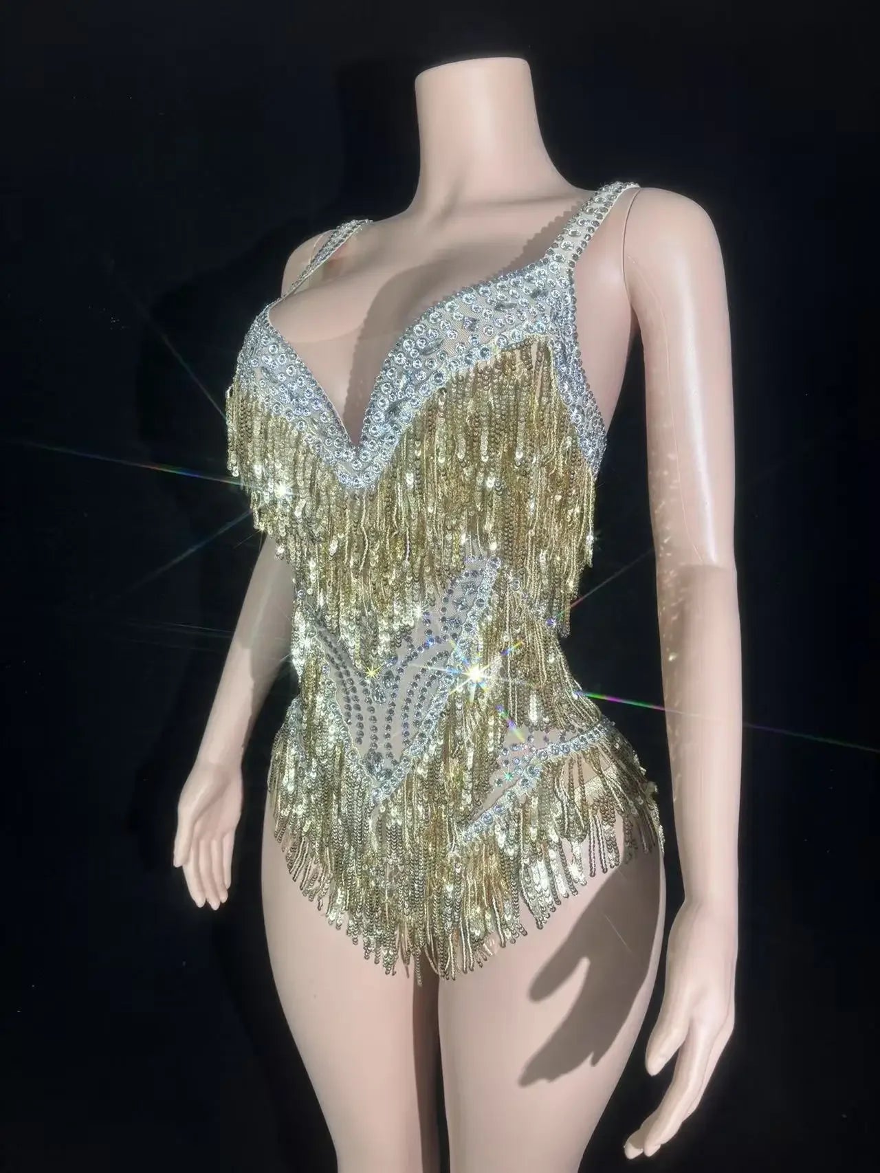 Sparkly Rhinestones Sequins Tassel Bodysuit Women Sexy See Through Performance Dance Costume Singer Dancer Stage