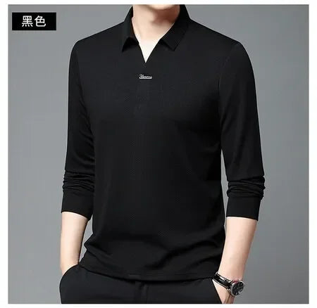 High End Mulberry Silk T-shirts Man Long Sleeve Tops Business Casual Elastic Non-iron Seamless Quality Luxurious Men Polo Shirts