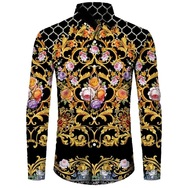 2024 New Luxury Golden Flower Chain 3D Print Men Long Sleeve Shirt Casual Mens Designer Clothing Streetwear Lapel Button Shirts