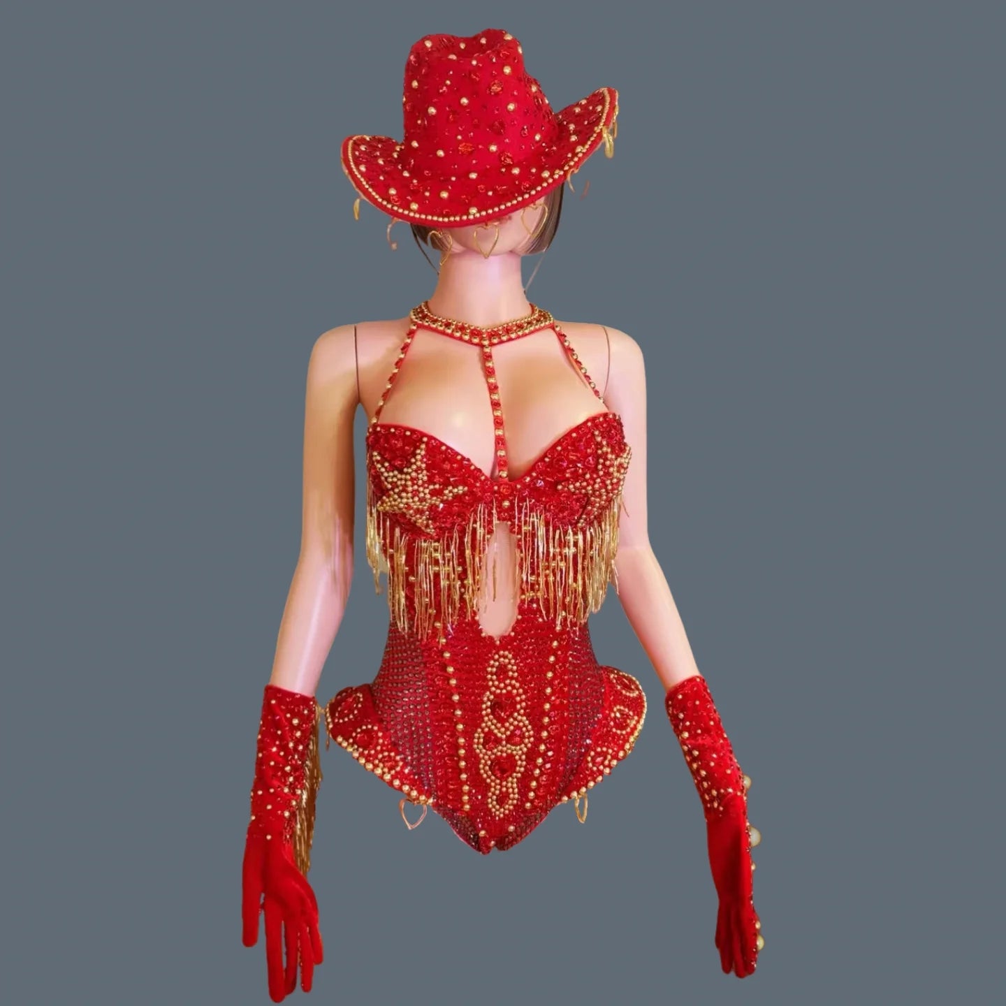 Women Sparkly Rhinestone Bodysuit 4Pieces Set Night Party Cowboy Show Outfit Cabaret Carnival Showgirl Sexy Jumpsuit Hongding