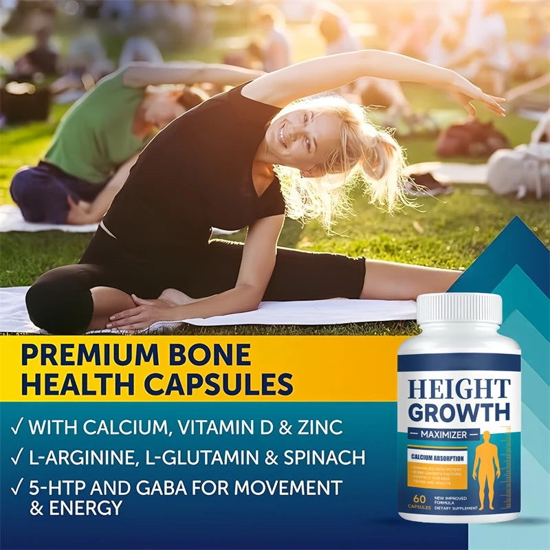 Height Growth Calcium Vitamin D Supplement Grow Taller Capsules Increase Bone Strength Hormone Enhancer for Adults Children