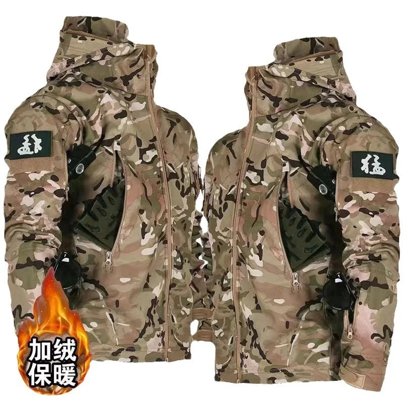 Skin Soft Shell Jacket Men's Winter Waterproof and Windproof Jacket Velvet Warm Cycling Mountaineering Ski Jacket Camouflage
