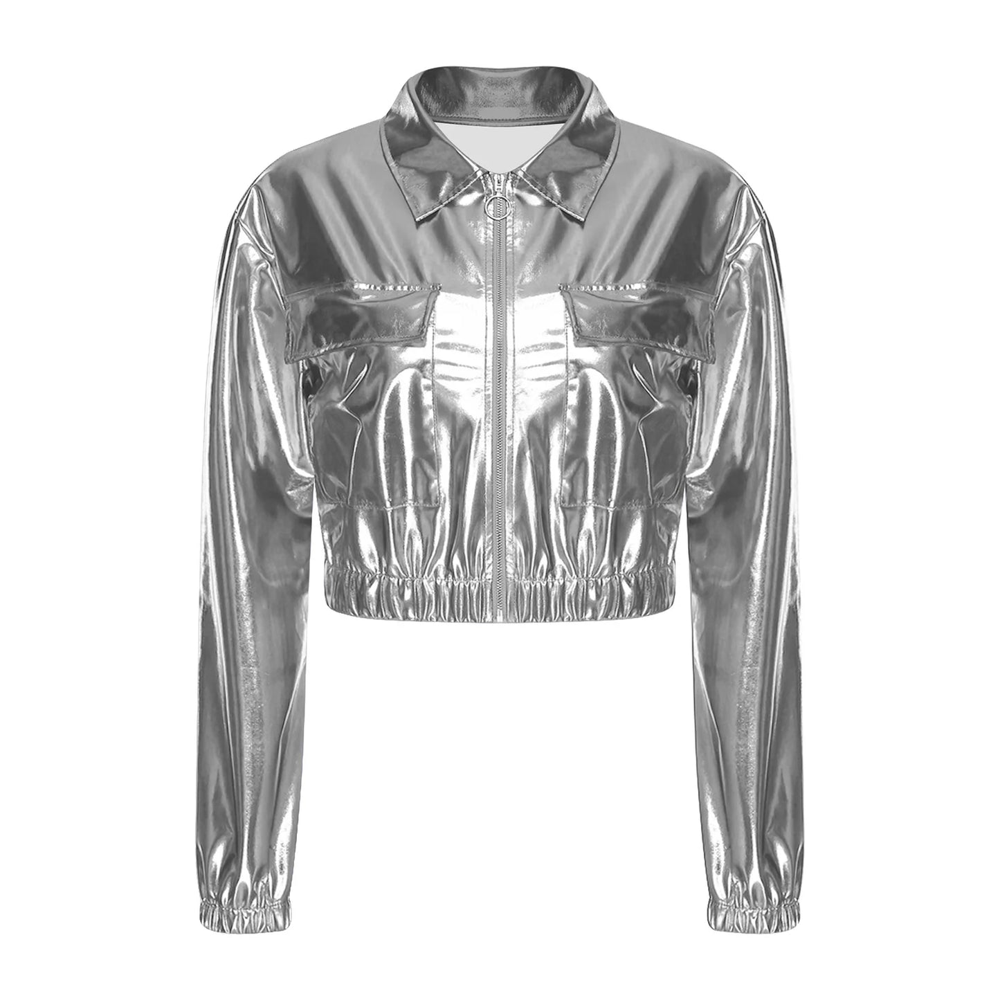 Womens Metallic Shiny Cropped Jacket Lapel Long Sleeve Front Zipper Chest Flap Pockets Crop Outerwear Biker Motor Jacket Tops