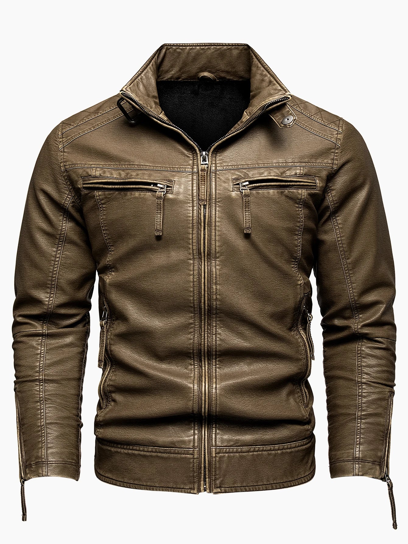 Men's Vintage Thickened Jacket Multi-Pocket Jacket, Stand-Up Collar Motorcycle Clothing, Casual PU Leather Jacket