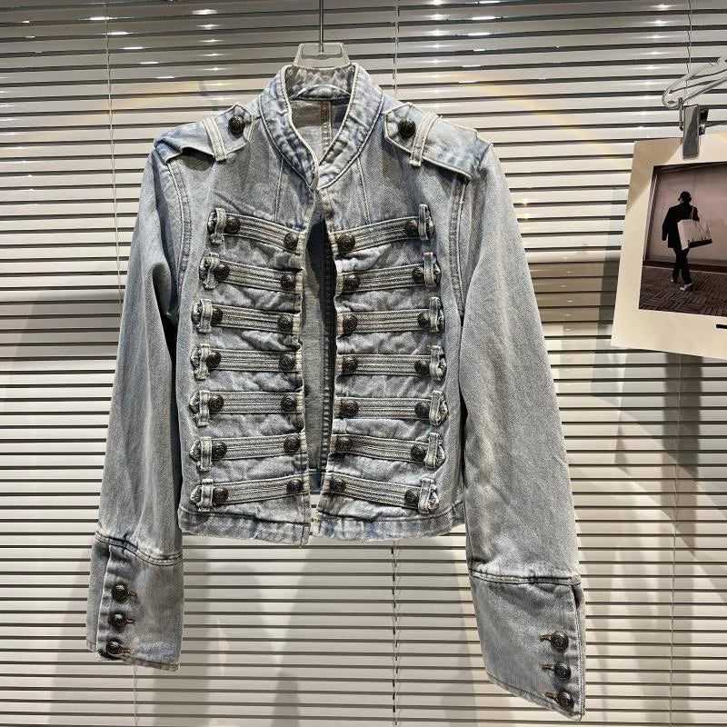 DEAT 2025 Autumn New Fashion Metal Buckle Design Shoulder Strap Denim Short Jacket For Women High Street Coat Female 11A06995